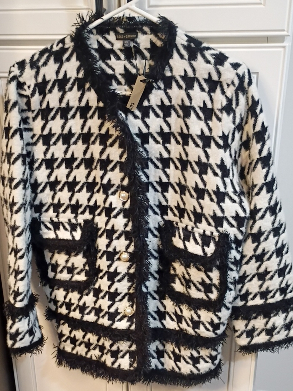 Coco + Carmen Black & White Houndstooth Fringe Jacket/Sweater Nwt